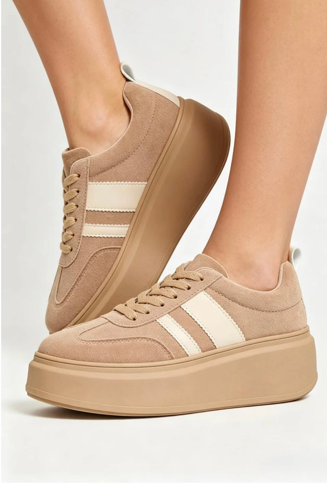Khaki Platform Trainers with Contrast Stripe Detail