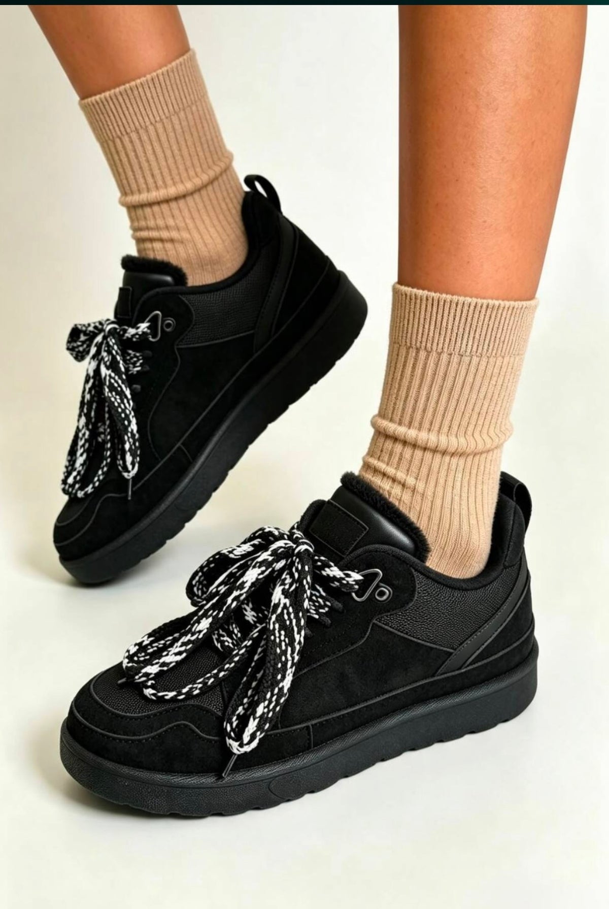 Black Suede Faux Fur Lined Lace-up Low Top Trainers