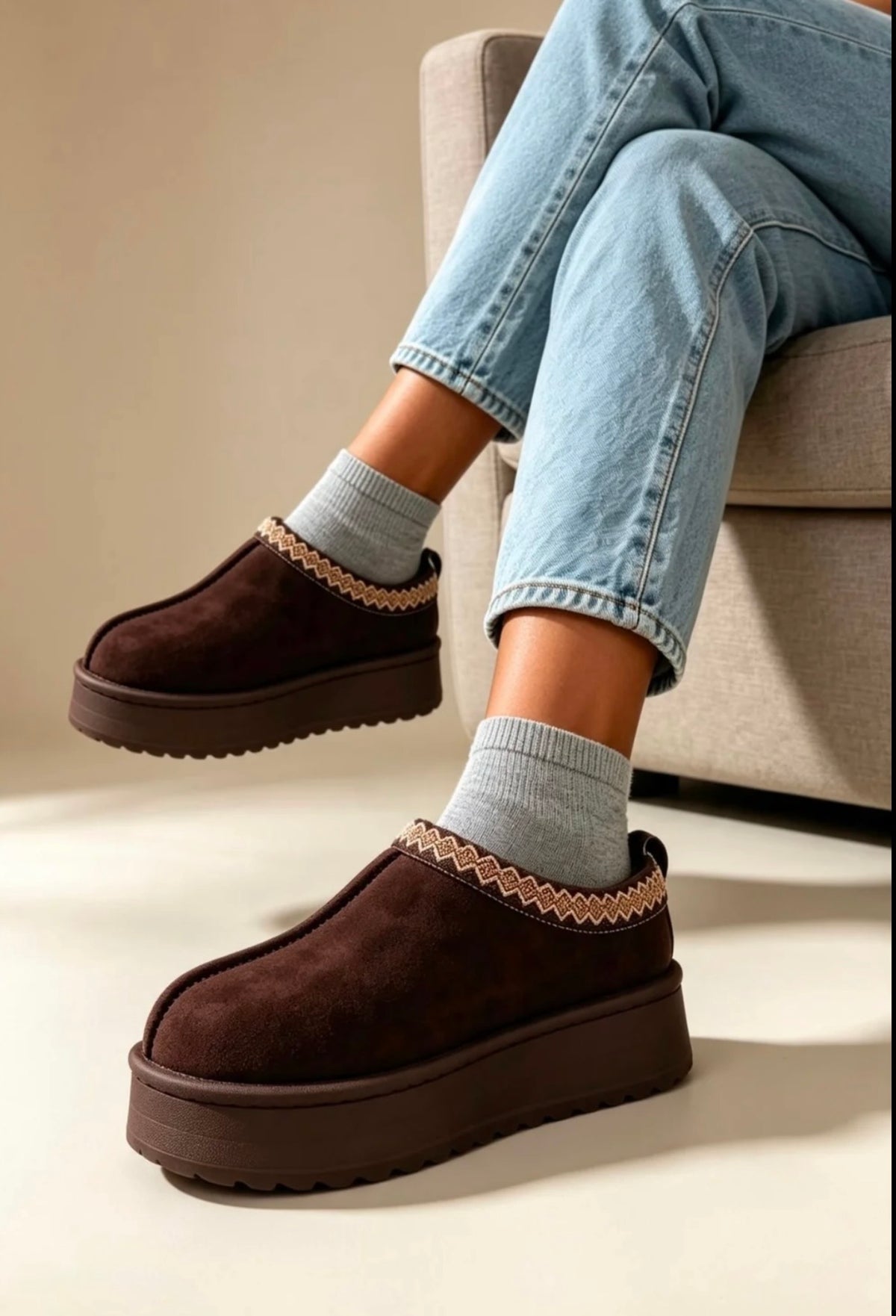 Brown Suede Aztec Faux Fur Platform Slipper Boots