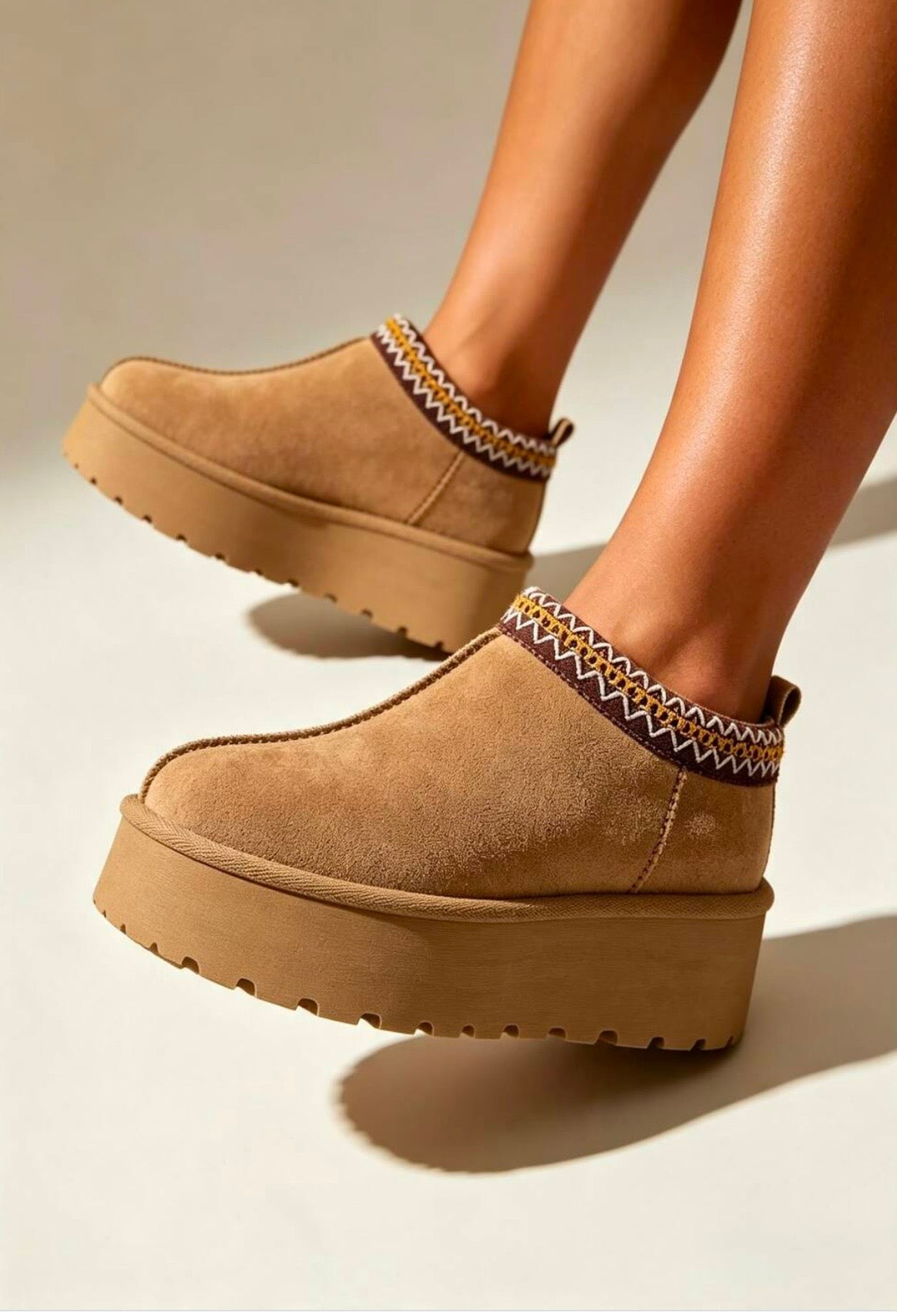 Camel Suede Aztec Faux Fur Platform Slipper Boots