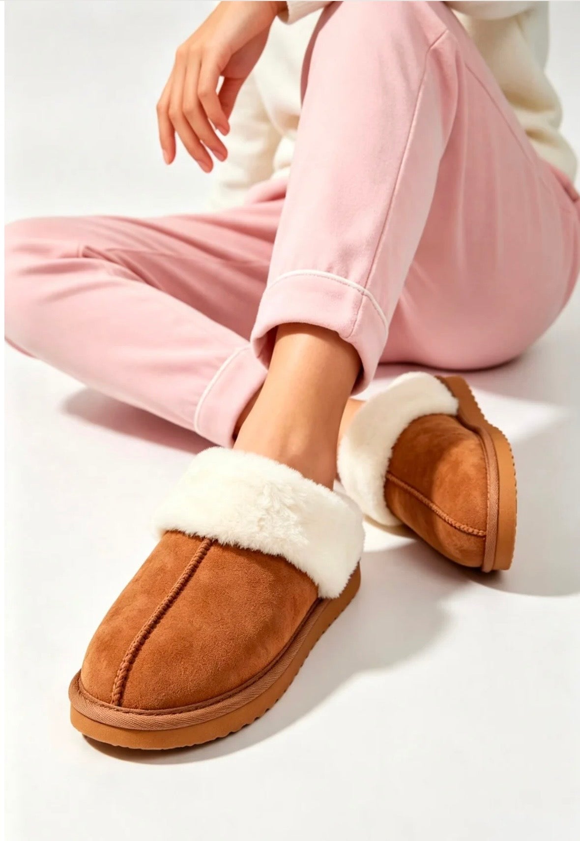 Chestnut Suede Faux Fur Lined Slip-on Flat Slippers
